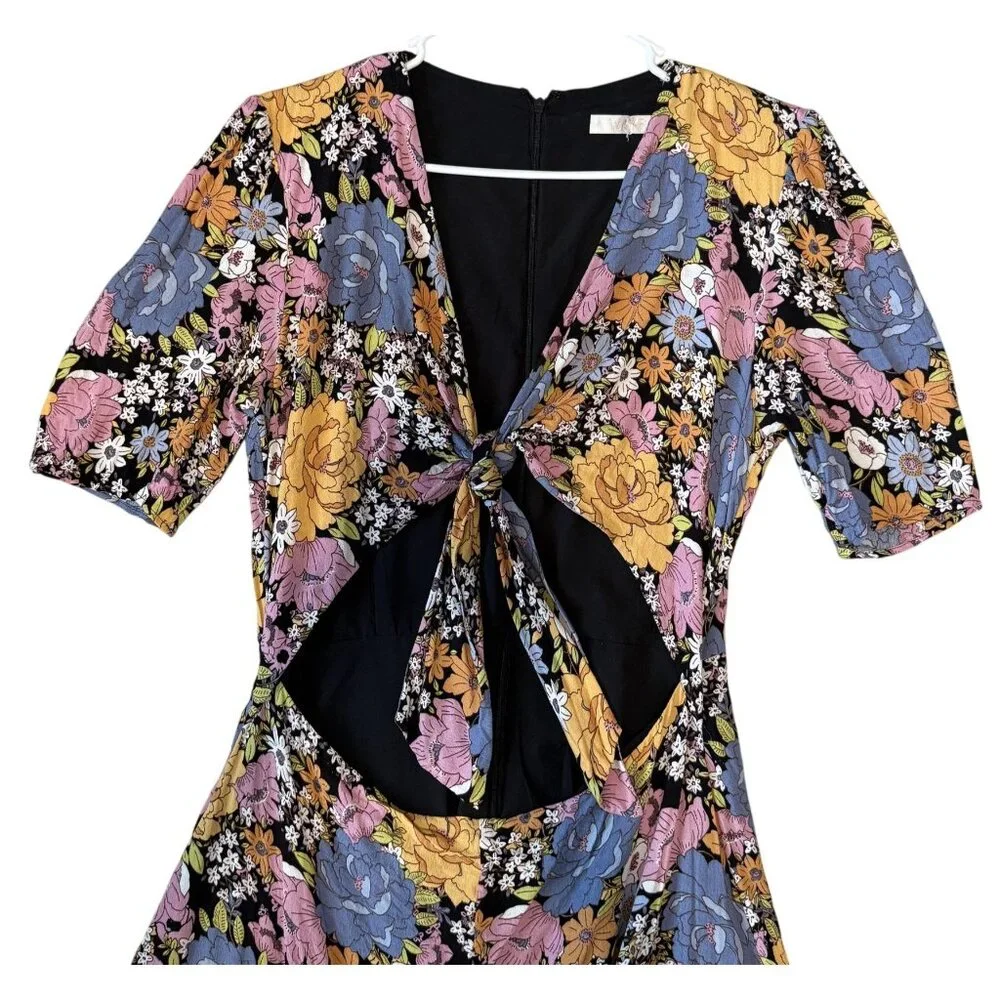 WAYF Floral Maxi Dress Front Tie Cutout Short Sleeves Multicolor Size M - Picture 2 of 6